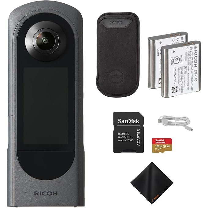 RICOH Theta X 360 Camera  5.7K Video & Dual 48MP Sensor for Immersive Content Creation with Extra DB-110 Rechargeable Battery, 128GB Extreme Memory Card and Waith Cleaning Cloth Bundle Set - Image 1