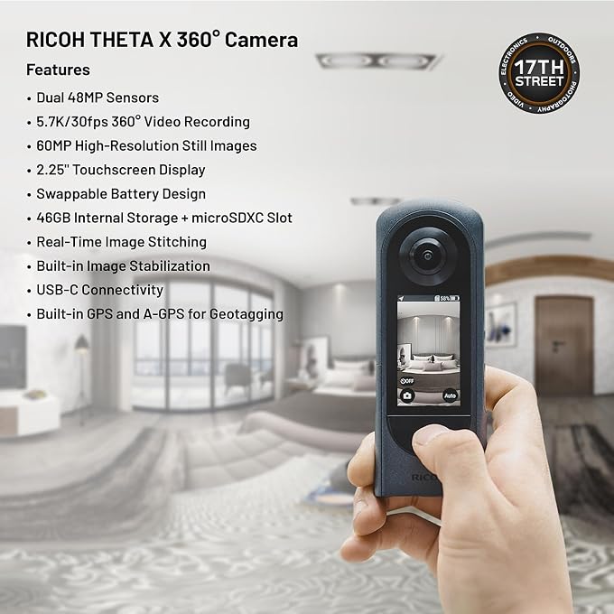 RICOH Theta X 360 Camera  5.7K Video & Dual 48MP Sensor for Immersive Content Creation with Extra DB-110 Rechargeable Battery, 128GB Extreme Memory Card and Waith Cleaning Cloth Bundle Set - Image 3