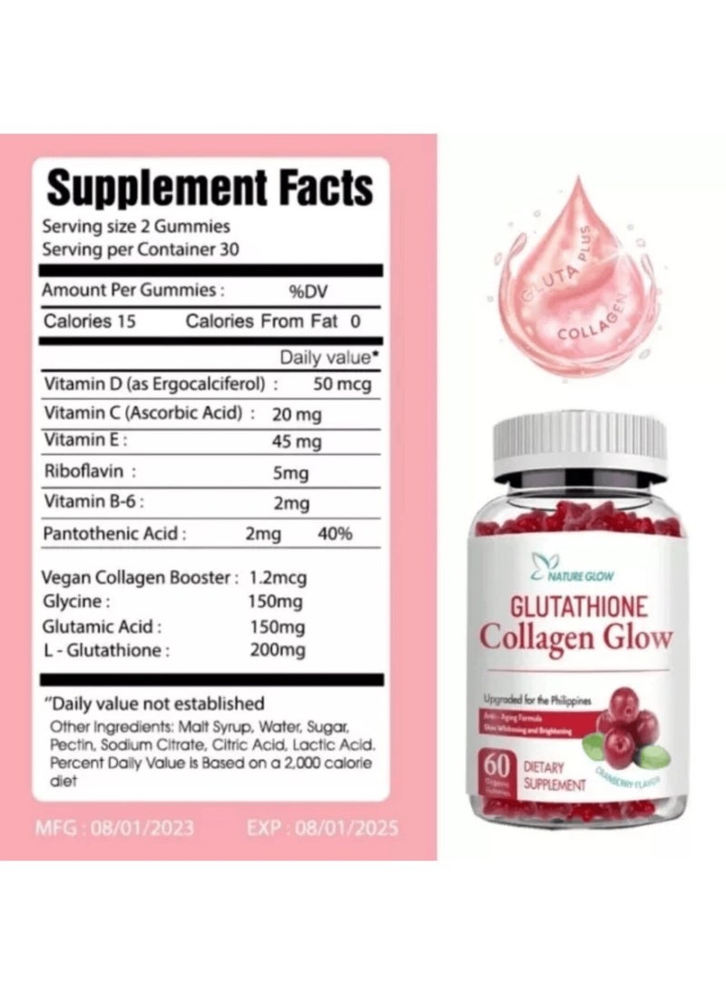 NATURE GLOW - Glutathione + Collagen Glow by Nature Glow | Skin Brightening, Whitening & Anti-Aging Tablets | 60 Count | Cranberry Flavor - Image 1