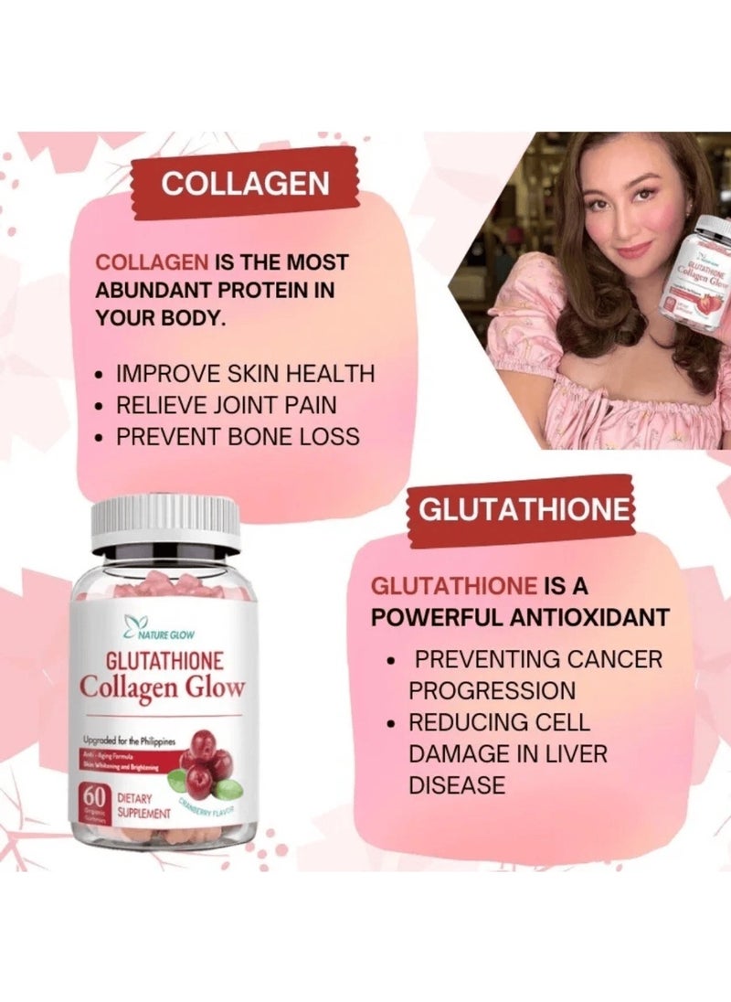 NATURE GLOW - Glutathione + Collagen Glow by Nature Glow | Skin Brightening, Whitening & Anti-Aging Tablets | 60 Count | Cranberry Flavor - Image 1