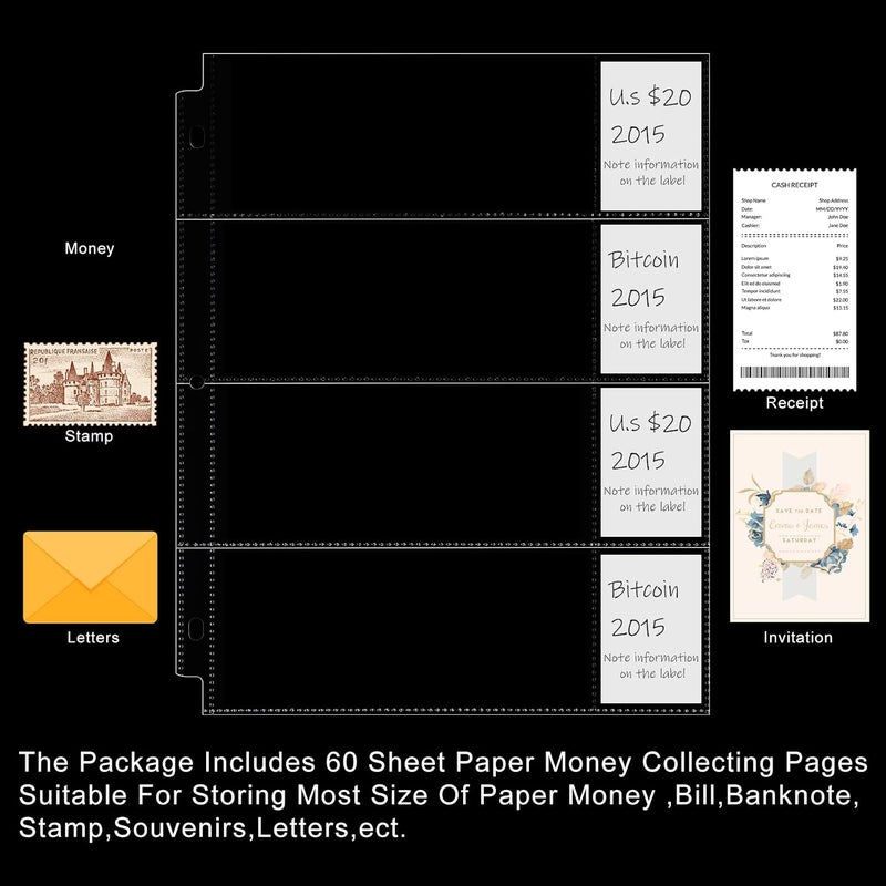 Chengu 60 Pcs 4 Pocket Currency Sleeves for 3 Ring Binder Clear Currency Album Bill Sleeves Holders Collection Binder Plastic Sheet Protectors for Bill Dollar Collectors Receipts Record Card Banknote - Image 4