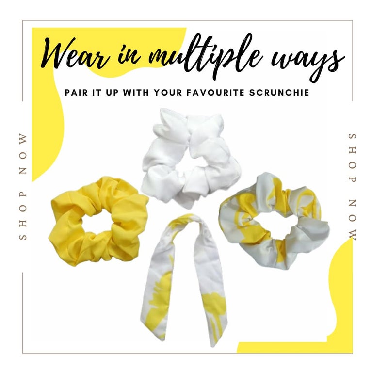 Generic Assortfy Hair Knot Bow Scrunchie Set Trio of Yellow and White Scrunchies with1 Printed knot Bow Scrunchie Removable Untie knot bow to wear with any other scrunchie  - Image 3