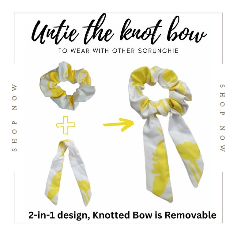 Generic Assortfy Hair Knot Bow Scrunchie Set Trio of Yellow and White Scrunchies with1 Printed knot Bow Scrunchie Removable Untie knot bow to wear with any other scrunchie  - Image 2