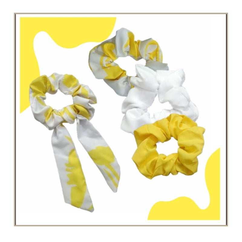 Generic Assortfy Hair Knot Bow Scrunchie Set Trio of Yellow and White Scrunchies with1 Printed knot Bow Scrunchie Removable Untie knot bow to wear with any other scrunchie  - Image 1