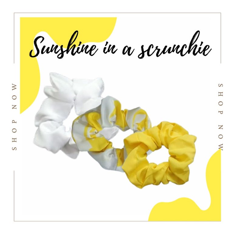 Generic Assortfy Hair Knot Bow Scrunchie Set Trio of Yellow and White Scrunchies with1 Printed knot Bow Scrunchie Removable Untie knot bow to wear with any other scrunchie  - Image 5