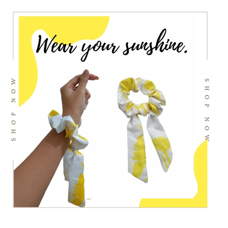 Generic Assortfy Hair Knot Bow Scrunchie Set Trio of Yellow and White Scrunchies with1 Printed knot Bow Scrunchie Removable Untie knot bow to wear with any other scrunchie  - Image 4