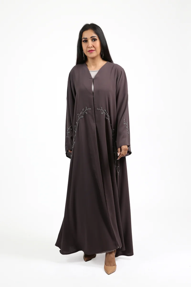 Nikias Dark Grey Double Chiffon Abaya with Handwork on Front and Sleeves – Party Wear with Matching Sheila