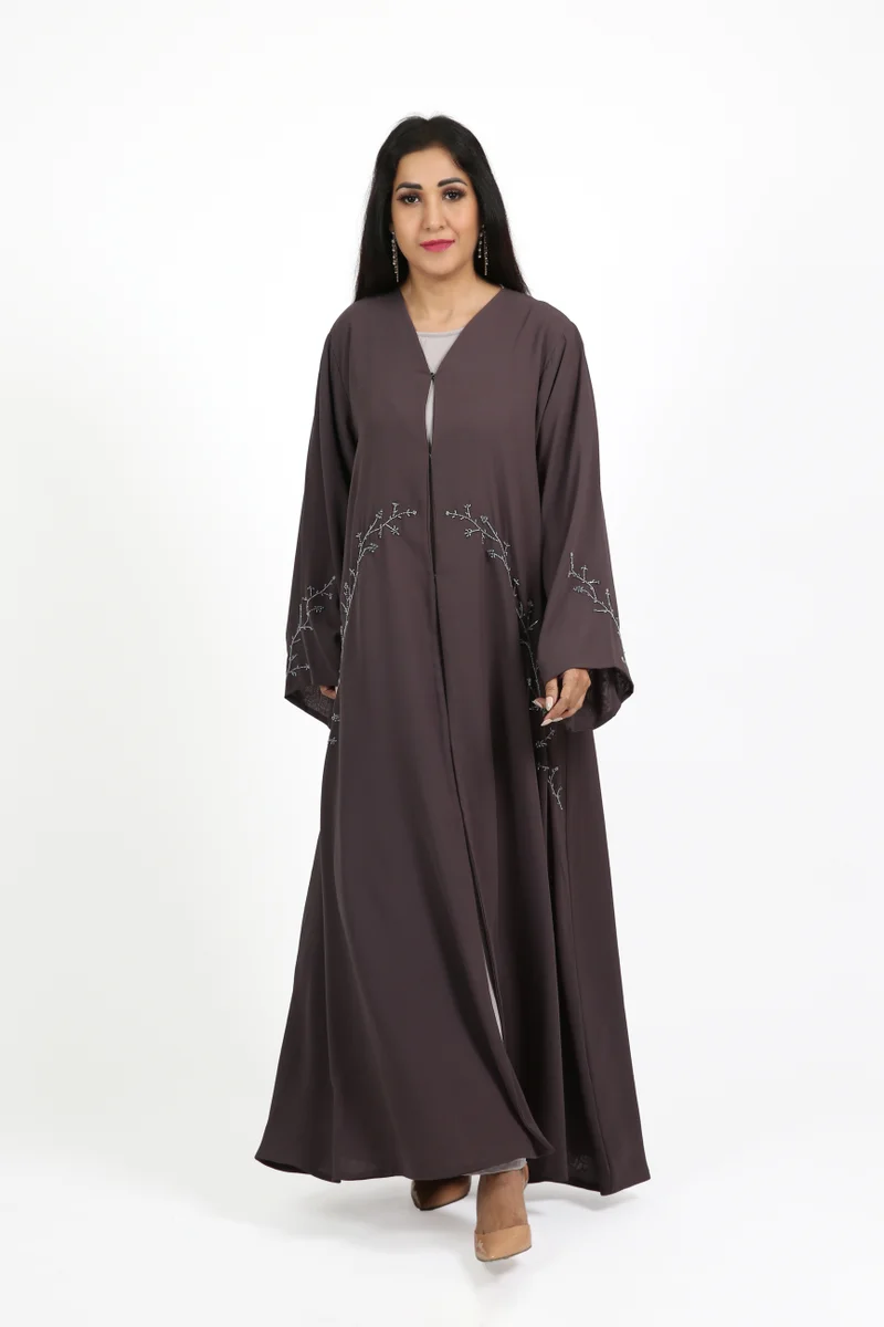 Nikias Dark Grey Double Chiffon Abaya with Handwork on Front and Sleeves – Party Wear with Matching Sheila