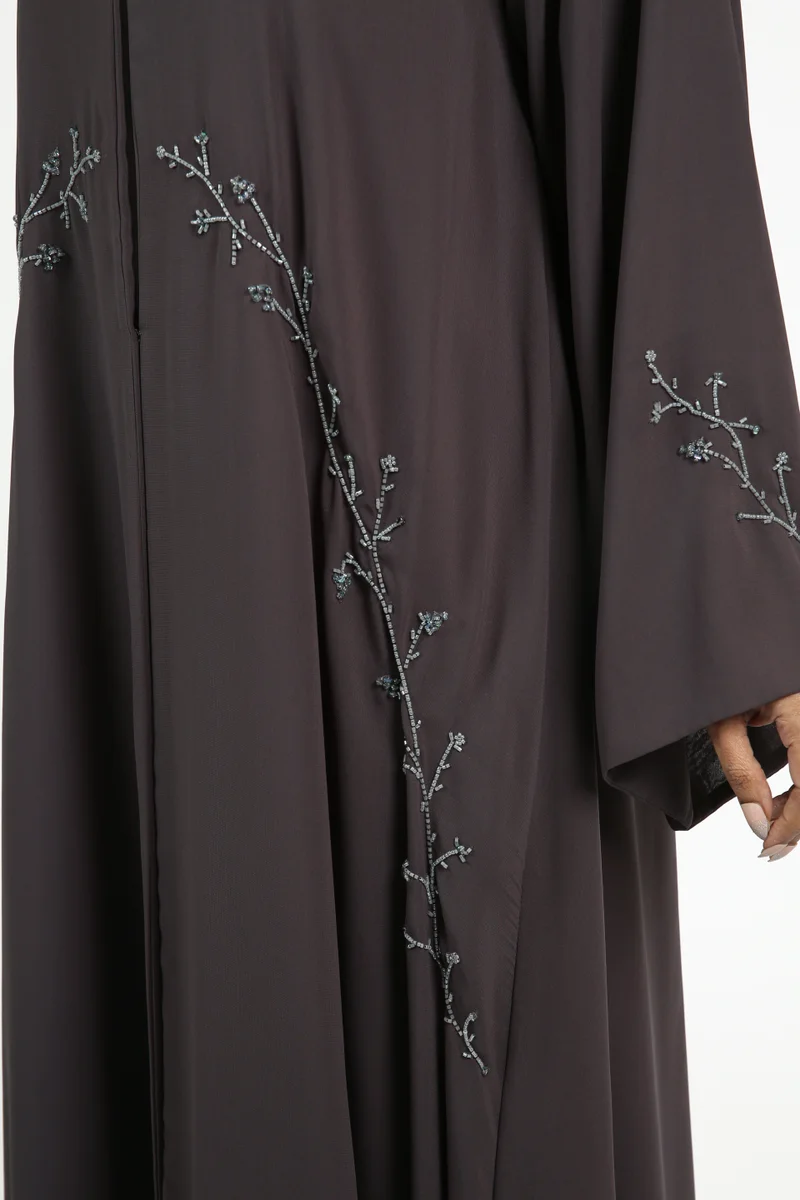 Nikias  Dark Grey Double Chiffon Abaya with Handwork on Front and Sleeves – Party Wear with Matching Sheila for Women | Best Price UAE