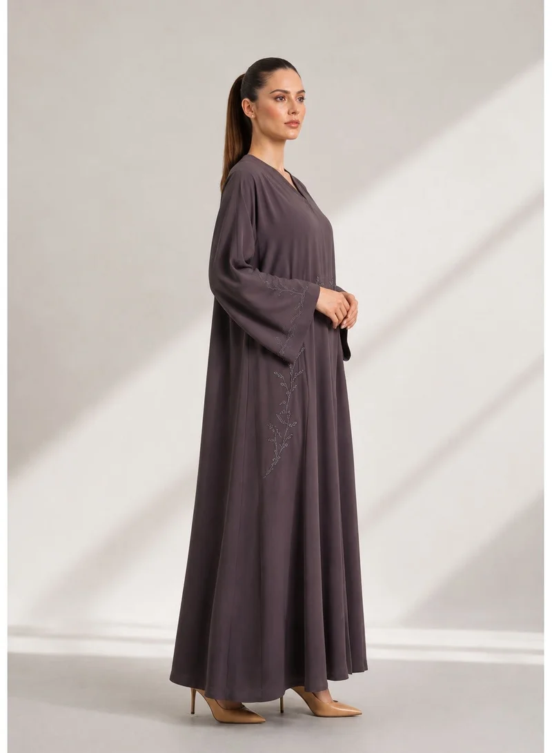 Nikias Dark Grey Double Chiffon Abaya with Handwork on Front and Sleeves – Party Wear with Matching Sheila