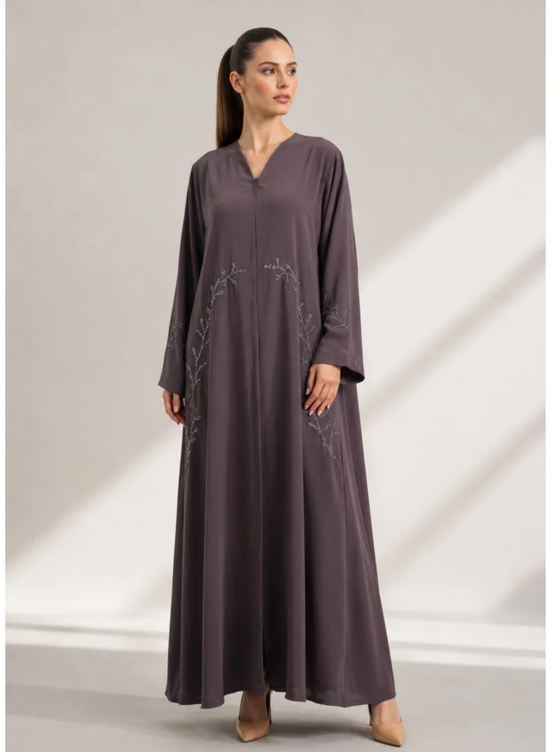 Nikias Dark Grey Double Chiffon Abaya with Handwork on Front and Sleeves – Party Wear with Matching Sheila