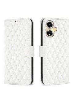 جراب هاتف OPPO A59 5G Diamond Lattice من الجلد القابل للطي (أبيض)