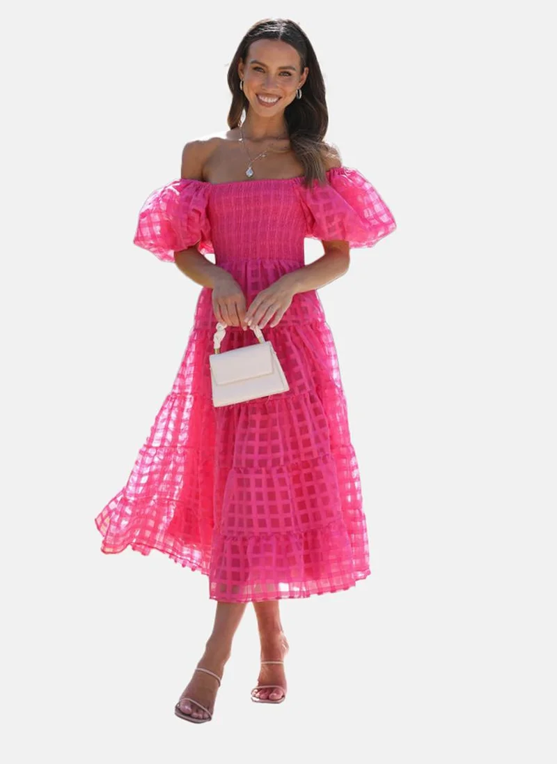 YUNIQEE Pink Off-Shoulder Self Design Fit & Flared Dress