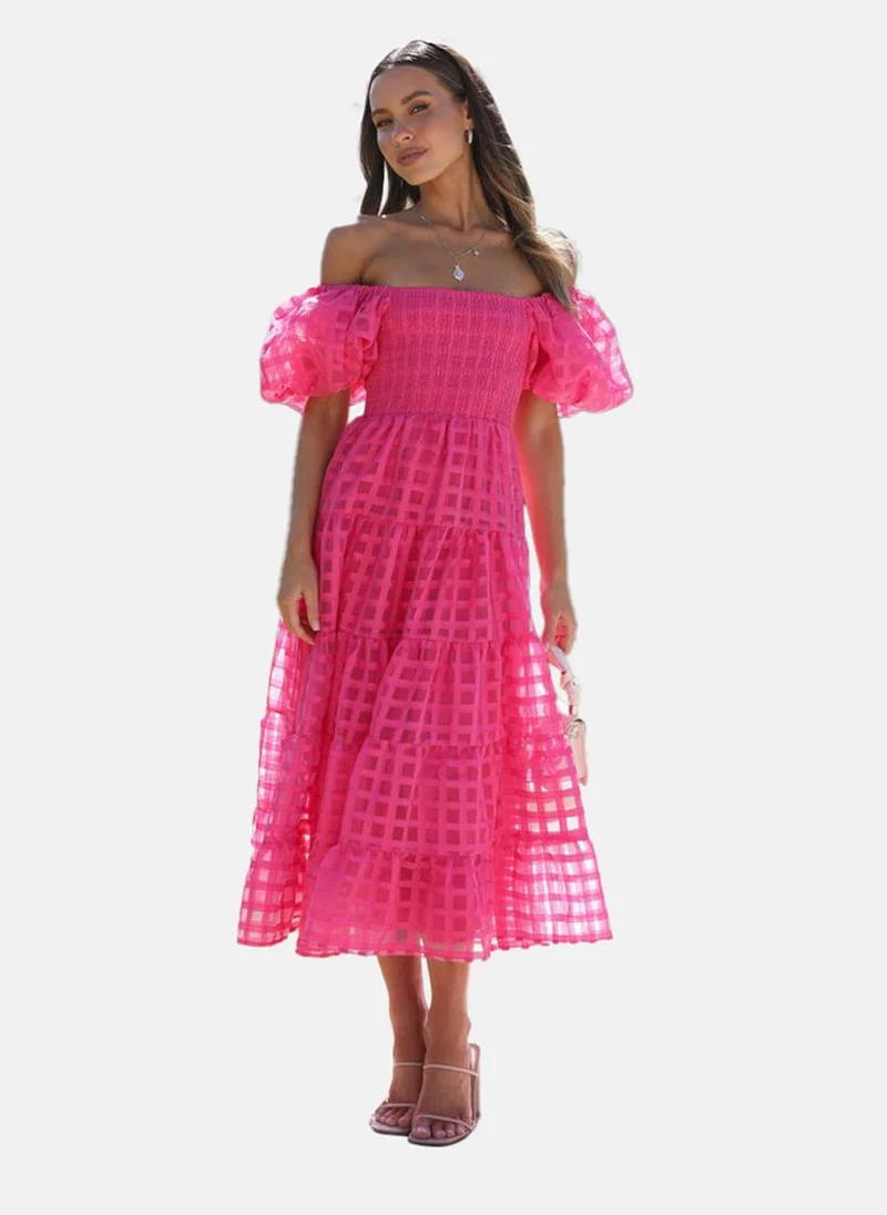 يونيكي Pink Off-Shoulder Self Design Fit & Flared Dress
