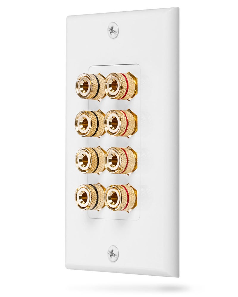 Fosmon (Quad Speaker Home Theater Wall Plate - Premium Quality Gold Plated Copper Banana Binding Post Coupler Type Audio Wall Plate for 4 Speakers (White) - Image 1