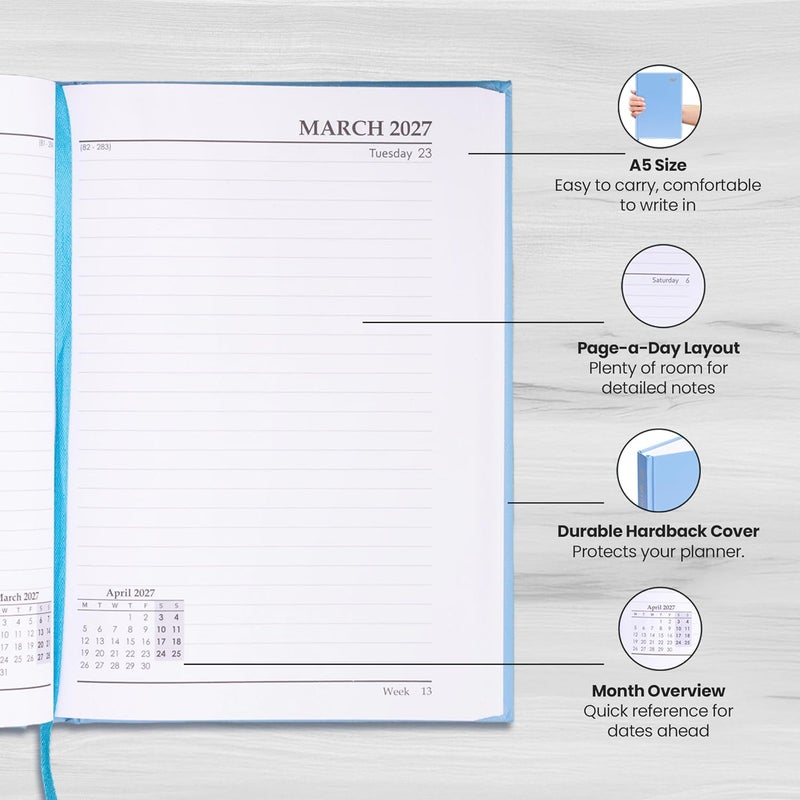 evelay 2027 Diary A4 A5 Page a Day - Hardback Planner Organiser Journal with 70gsm Paper & Ribbon Marker - Ideal for Work, School & Personal Planning (A5, Sky) - Image 4