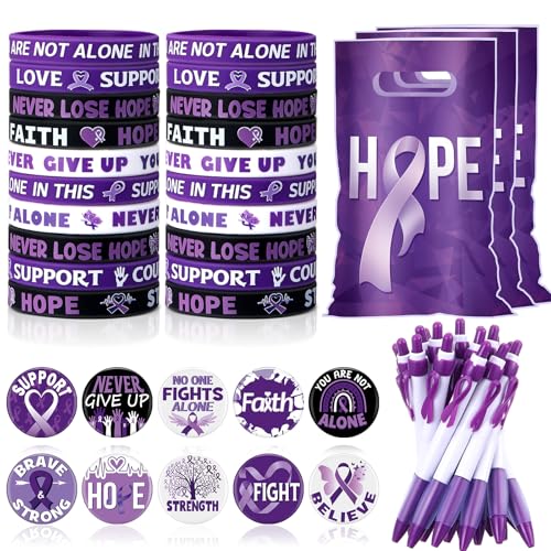Supervitae 200 Pcs Purple Ribbon Awareness Accessories Include 50 Ribbon Gift Bags 50 Purple Awareness Wristband 50 Pen 50 Button Pin for Campaign Support Supplies - Image 1
