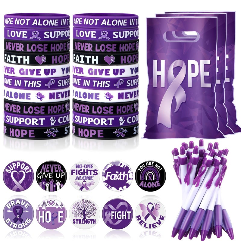 Supervitae 200 Pcs Purple Ribbon Awareness Accessories Include 50 Ribbon Gift Bags 50 Purple Awareness Wristband 50 Pen 50 Button Pin for Campaign Support Supplies - Image 2