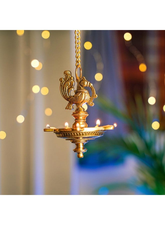 Bhimonee Decor ديكور بهيموني | مصباح ديا معلق من النحاس المطروق على شكل طاووس | مصباح زيت تقليدي بخمسة فتائل | تشطيب عتيق | ديكور بويا و معبد عرقي | ديبك معلق للمهرجانات و المنزل | عبوة من 1 - Image 1