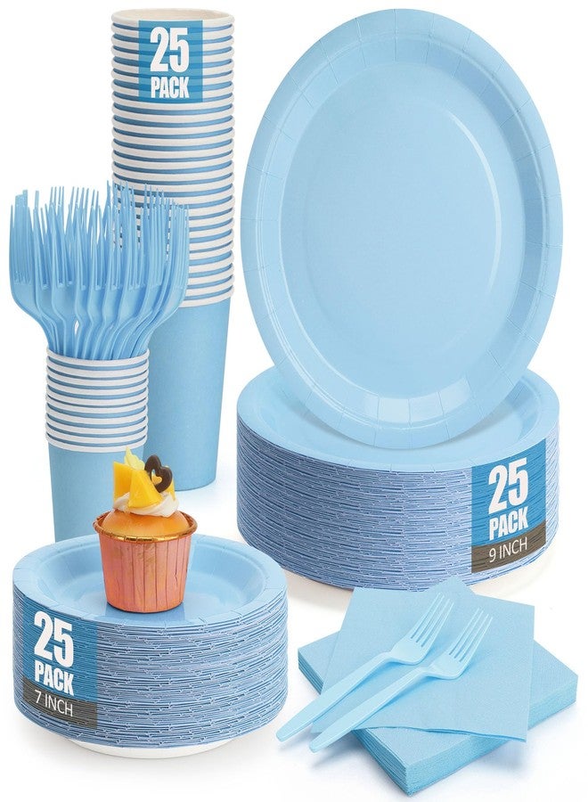 CENLBJ Light Blue Paper Plates and Napkins Party Supplies, Include 9’’Disposable Blue Plate, 7’’Dessert Plates Cups Napkins Forks for Baby Shower, Wedding, Birthday, Serves 25 - Image 1