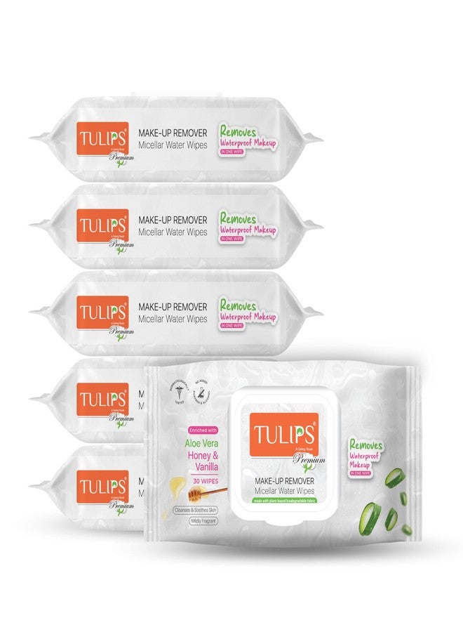 Tulips Premium Waterproof Makeup Remover Micellar Water Wipes I 30 wipes each pack I Remover face, eyes & lips makeup I Aloevera extracts (Pack of 6) - Image 1