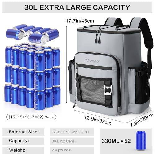 Hulongo Cooler Backpack 30L Insulated Leakproof Soft Cooler Bag for 52 Cans Lightweight Backpack for Beach Picnic Camping Hiking Fishing and Travel Grey - Image 3