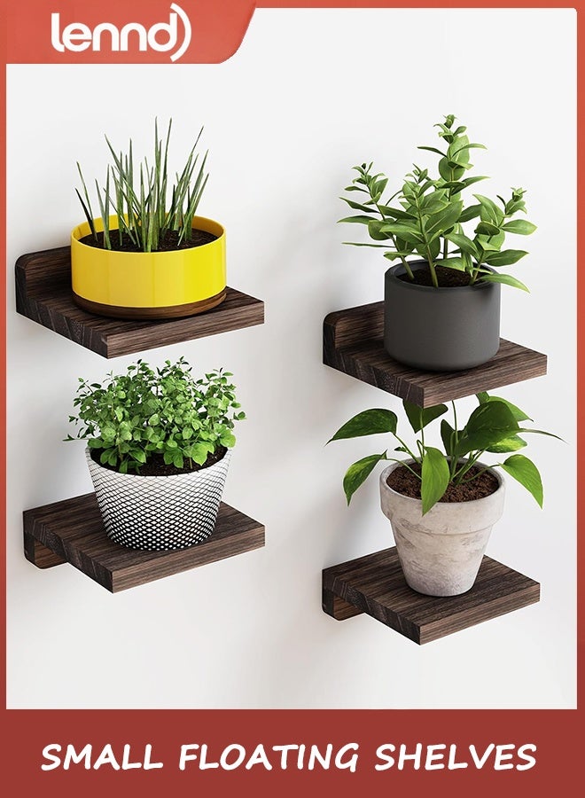 LENND Small Floating Shelves, 5X5 Inches Wall Shelf Set of 4, Rustic Wood Small Wall Mounted Shelves for Bedroom, Living Room, Kitchen, Bathroom Decor (Dark Carbonized Black) - Image 1