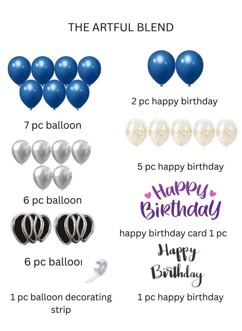 29 Pcs Birthday Decoration Set Blue, Silver & Gold Balloons Happy Birthday Banner, Confetti Balloons, Heart Foil Balloons, Balloon Decorating Strip & Greeting Card