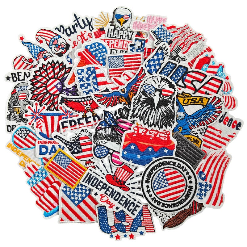 RF-patch 32 Pcs 4th of July Iron on Patches, Embroidered Patriotic Patch, American Flag Elemental Iron on/Sew on Patches for Clothes, Hats, Jeans, Dress, Backpacks - Image 1