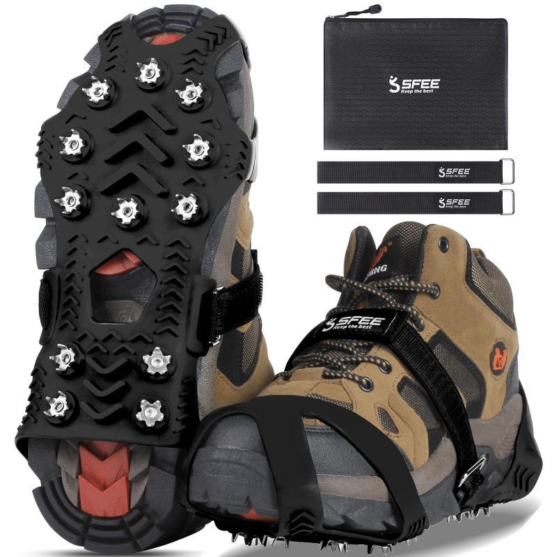 Sfee Crampons for Winter Boots Upgraded Ice Cleats Stainless Steel Women Men Anti Slip Ice Traction Cleats Grips with Straps Perfect for Hiking Walking Climbing Ice FishingL