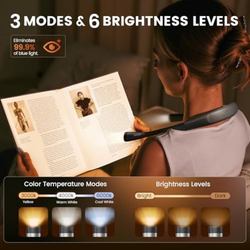 مصباح قراءة للعنق LED للقراءة في السرير 3 ألوان 6 مستويات سطوع أذرع قابلة للثني قابلة للشحن تدوم طويلًا مثالي للقراءة والحياكة والتخييم والإصلاح - Image 2