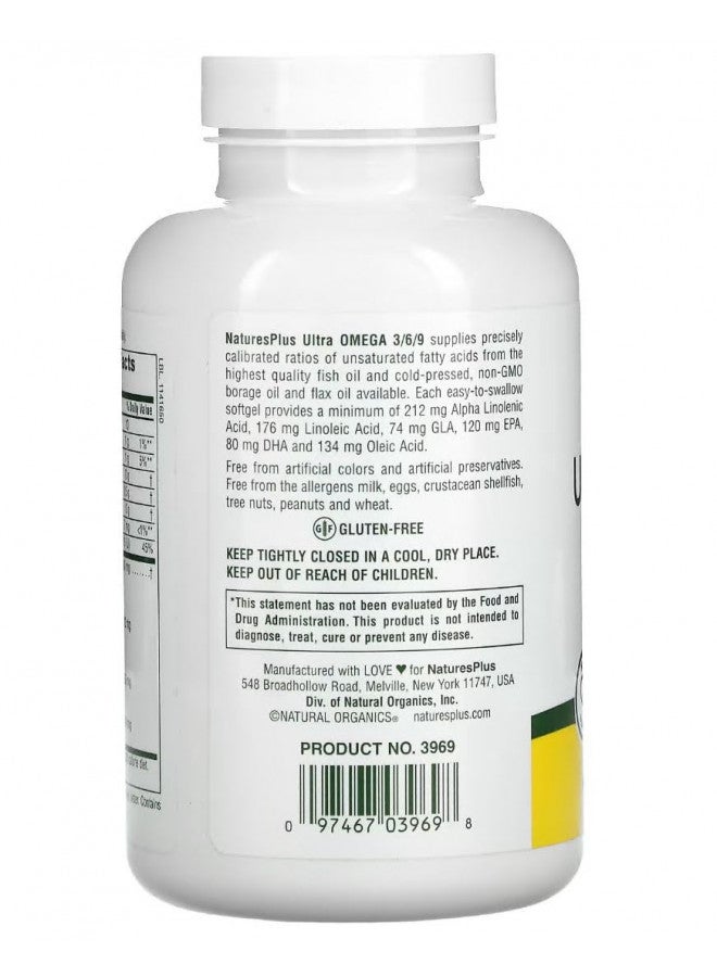 NaturesPlus Ultra Omega 3 6 9-1200 mg, 120 Softgels - Borage Oil, Fish Oil, Flax Oil Supplement - Gluten-Free - 120 Servings