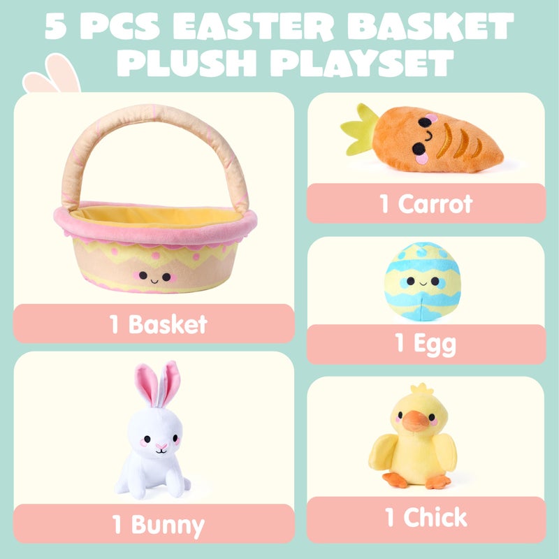 JOYIN 5 Pcs Easter Basket Plush Playset, Filled Basket with Bunny Chick Egg Carrot, Easter Toys Gifts Prefilled with Animal Stuffers for Baby Toddler Kids Boys & Girls of All Ages - Image 2