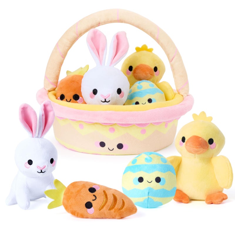 JOYIN 5 Pcs Easter Basket Plush Playset, Filled Basket with Bunny Chick Egg Carrot, Easter Toys Gifts Prefilled with Animal Stuffers for Baby Toddler Kids Boys & Girls of All Ages - Image 1