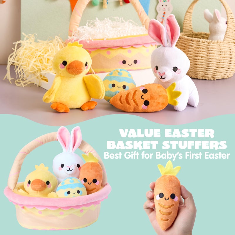 JOYIN 5 Pcs Easter Basket Plush Playset, Filled Basket with Bunny Chick Egg Carrot, Easter Toys Gifts Prefilled with Animal Stuffers for Baby Toddler Kids Boys & Girls of All Ages - Image 4