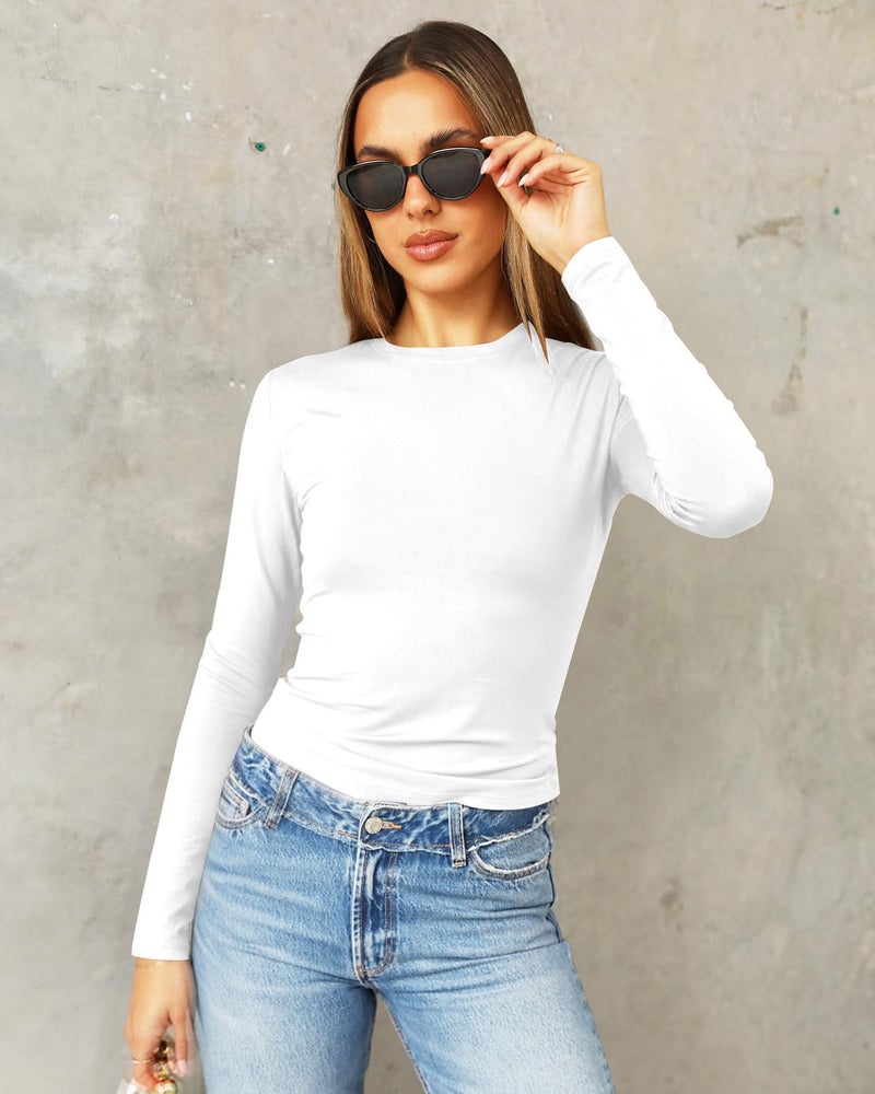 Abardsion Women's Long Sleeve Shirts Spring 2026 Casual Basic Going Out Crop Tops Slim Fit Tight Y2K Clothes(White, M) - Image 2