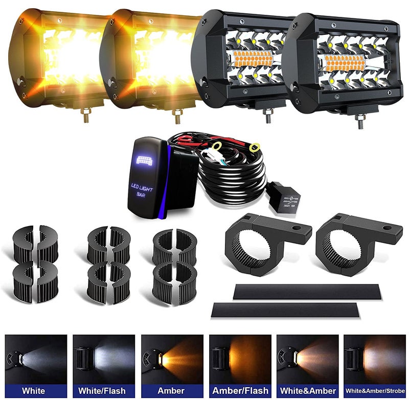 ASLONG 4Pcs 4inch LED Pods Strobe Lights, White/Amber Yellow LED Light Bar Driving Fog Offroad Cube Light w/Tube Clamp Mounting UTV Flag Mount Whip Light Mount Kit for ATV UTV Trucks w/Wiring Kit - Image 1