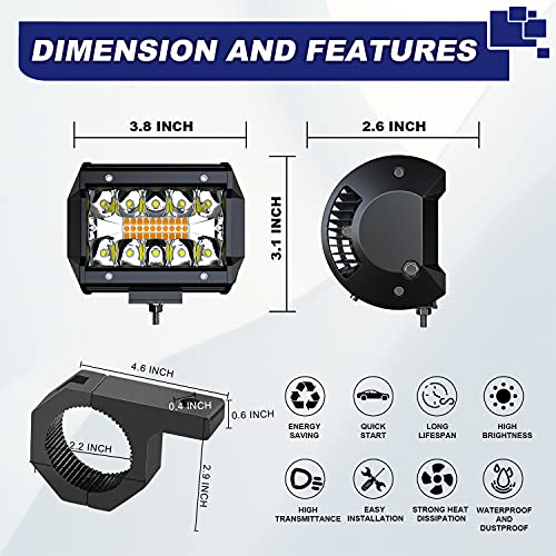 ASLONG 4Pcs 4inch LED Pods Strobe Lights, White/Amber Yellow LED Light Bar Driving Fog Offroad Cube Light w/Tube Clamp Mounting UTV Flag Mount Whip Light Mount Kit for ATV UTV Trucks w/Wiring Kit - Image 2