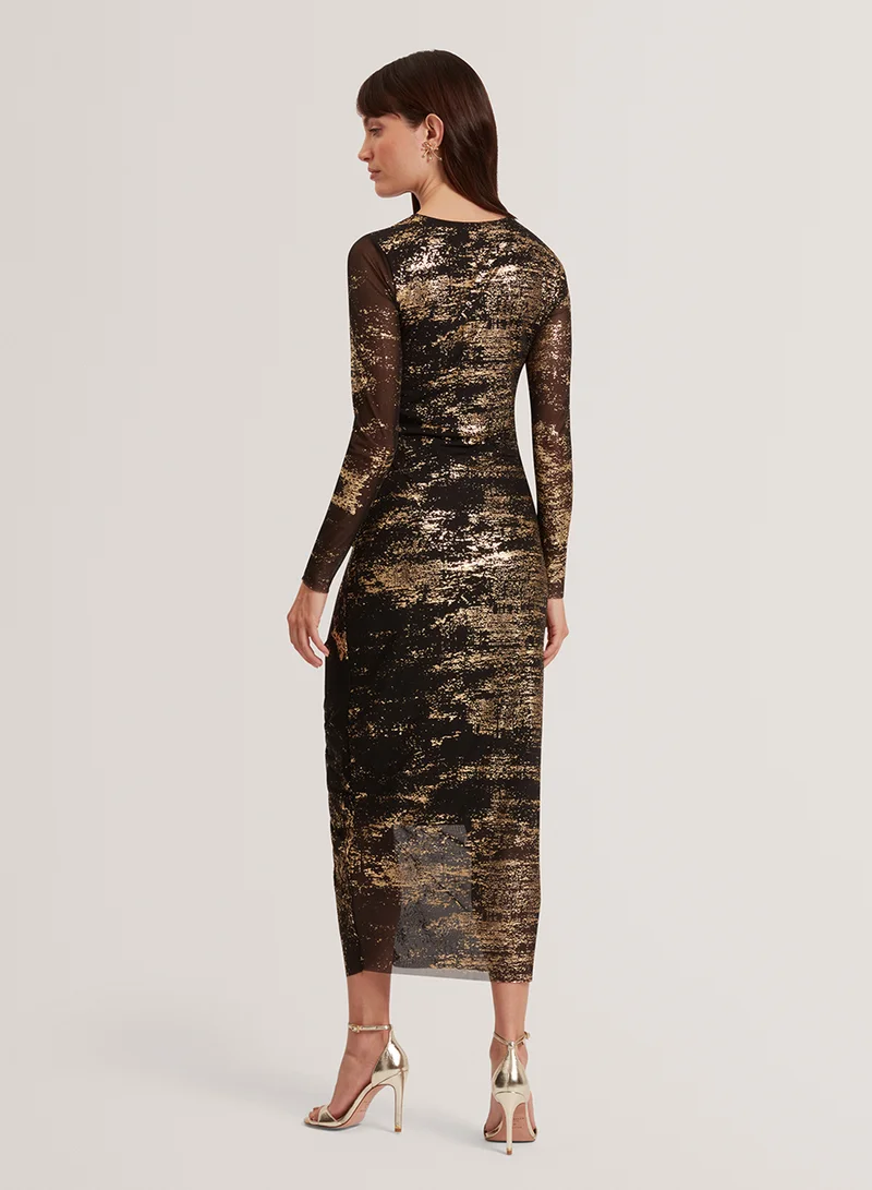 Ted Baker Foil Printed Long Sleeve Mesh Bodycon Dress