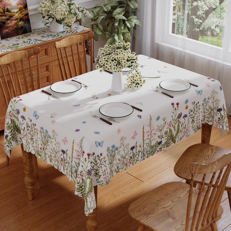 Siilues Spring Tablecloth Rectangle 60x84 Inch, Washable Colorful Butterfly Floral Watercolor Spring Table Cloth Seasonal Summer Waterproof Scalloped Edge Home Party Decorations Picnic Dining Table Cover - Image 3