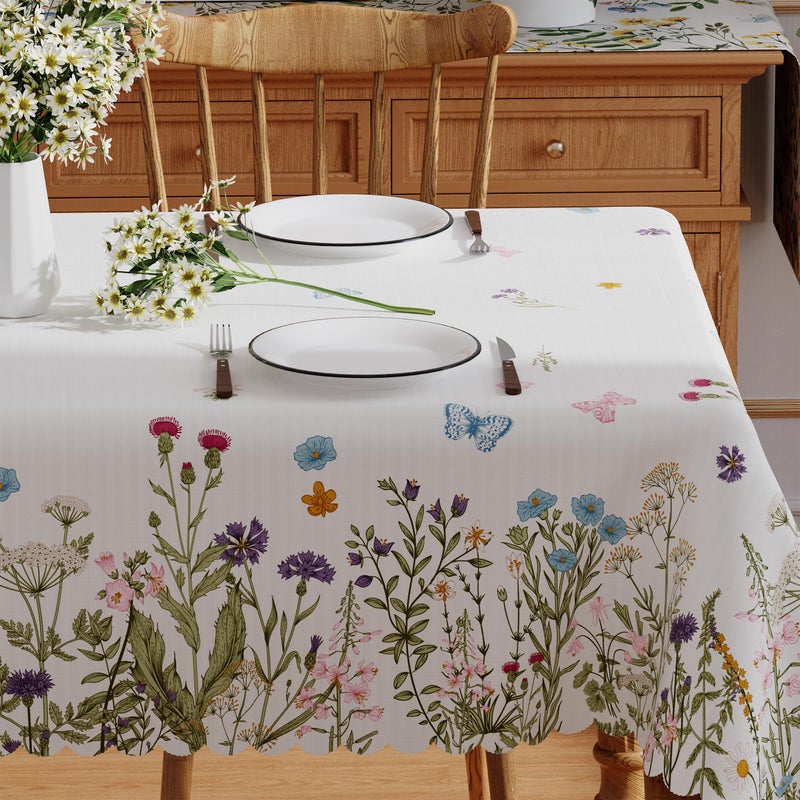 Siilues Spring Tablecloth Rectangle 60x84 Inch, Washable Colorful Butterfly Floral Watercolor Spring Table Cloth Seasonal Summer Waterproof Scalloped Edge Home Party Decorations Picnic Dining Table Cover - Image 2