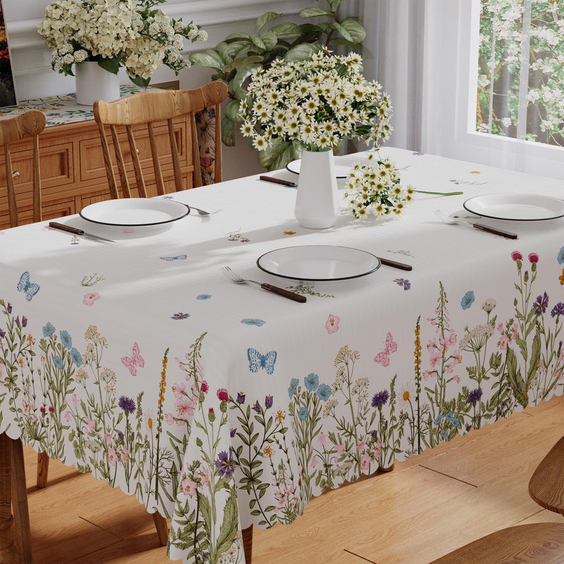 Siilues Spring Tablecloth Rectangle 60x84 Inch, Washable Colorful Butterfly Floral Watercolor Spring Table Cloth Seasonal Summer Waterproof Scalloped Edge Home Party Decorations Picnic Dining Table Cover - Image 1