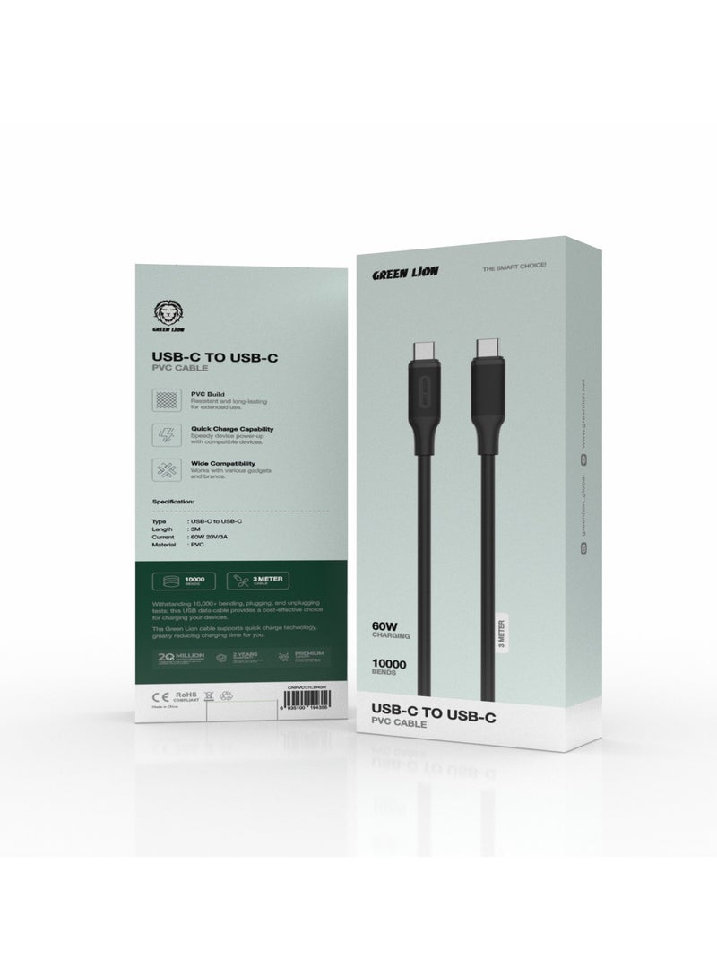 GREEN LION USB-C to USB-C PVC Cable 3M / 480mbps Transfer Speed / Quick Charge Capability / Wide Compatibility / 60W Charging / 10000 Bends Life Span / Secure & Safe / Charge & Sync - Black - Image 2