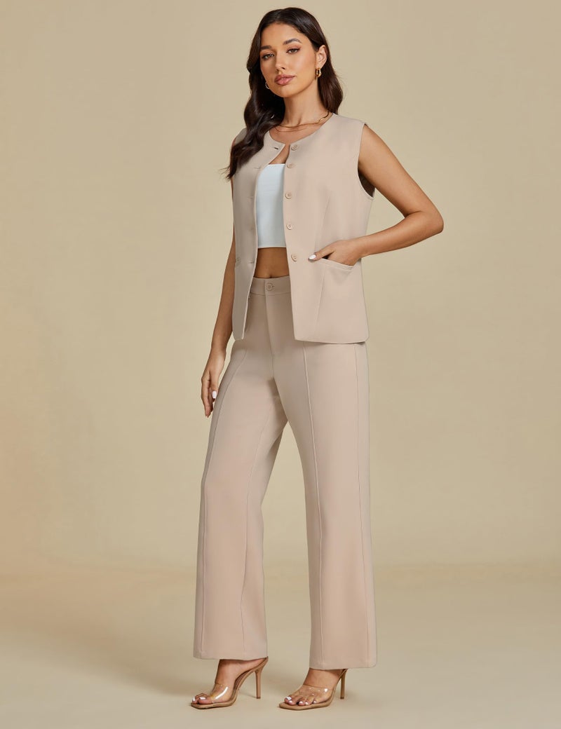 luvamia Two Piece Sets for Women Pant and Vest Set Summer Pants Sets 2 Piece Outfits Going Out Outfits for Women Beige Beige Medium Fits Size 8 / Size 10 - Image 3