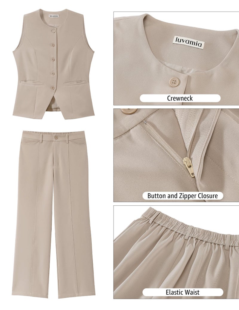 luvamia Two Piece Sets for Women Pant and Vest Set Summer Pants Sets 2 Piece Outfits Going Out Outfits for Women Beige Beige Medium Fits Size 8 / Size 10 - Image 5