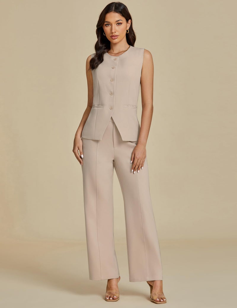 luvamia Two Piece Sets for Women Pant and Vest Set Summer Pants Sets 2 Piece Outfits Going Out Outfits for Women Beige Beige Medium Fits Size 8 / Size 10 - Image 4