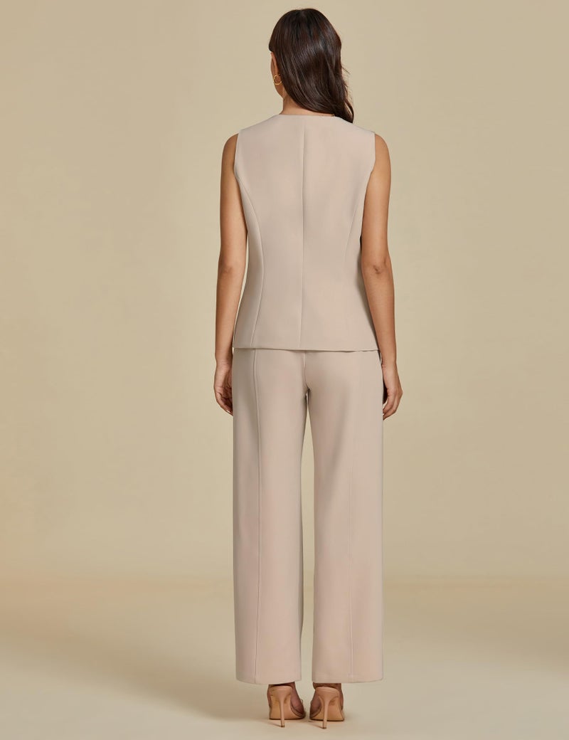 luvamia Two Piece Sets for Women Pant and Vest Set Summer Pants Sets 2 Piece Outfits Going Out Outfits for Women Beige Beige Medium Fits Size 8 / Size 10 - Image 2