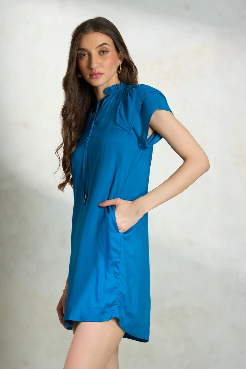فيرجيو Solid Modal Blue Modal Mandarin Collar Dress for Women