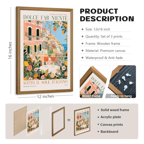 Tanmart Italy Amalfi Coast Wall Art Decor Vintage Italian City Canvas Painting Tuscan Italy Travel Landscape Poster Mediterranean Pictures Lemon Prints Beach Artwork for Kitchen Bedroom 12x16 Inch Wood Framed - Image 2