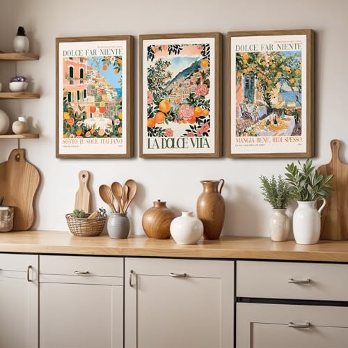 Tanmart Italy Amalfi Coast Wall Art Decor Vintage Italian City Canvas Painting Tuscan Italy Travel Landscape Poster Mediterranean Pictures Lemon Prints Beach Artwork for Kitchen Bedroom 12x16 Inch Wood Framed - Image 3